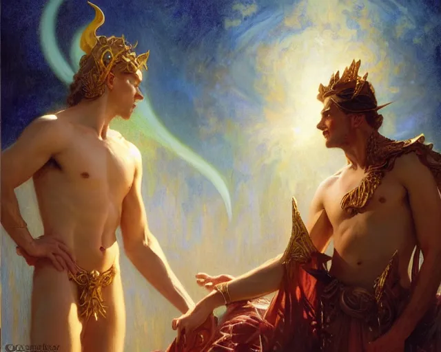 Image similar to attractive pagan male deity, summoning handsome lucifer morning star. highly detailed painting by gaston bussiere, craig mullins, j. c. leyendecker 8 k