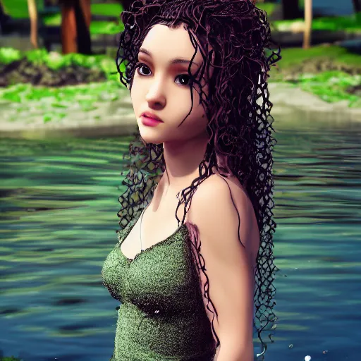 Image similar to Full body photo of a pretty water nymph with long curly hair, wearing a long dress, chilling at the waterside, highly detailed, sharp focus, cinematic lighting, HD, 8K, trending on artstation