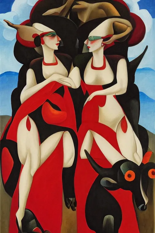 Prompt: highly detailed painting of gemini goddesses wearing red flower dresses riding a black bull by tamara de lempicka