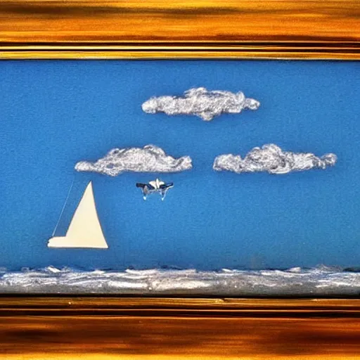 Image similar to a sailboat flying in the sky by night, mixed media, whimsical,