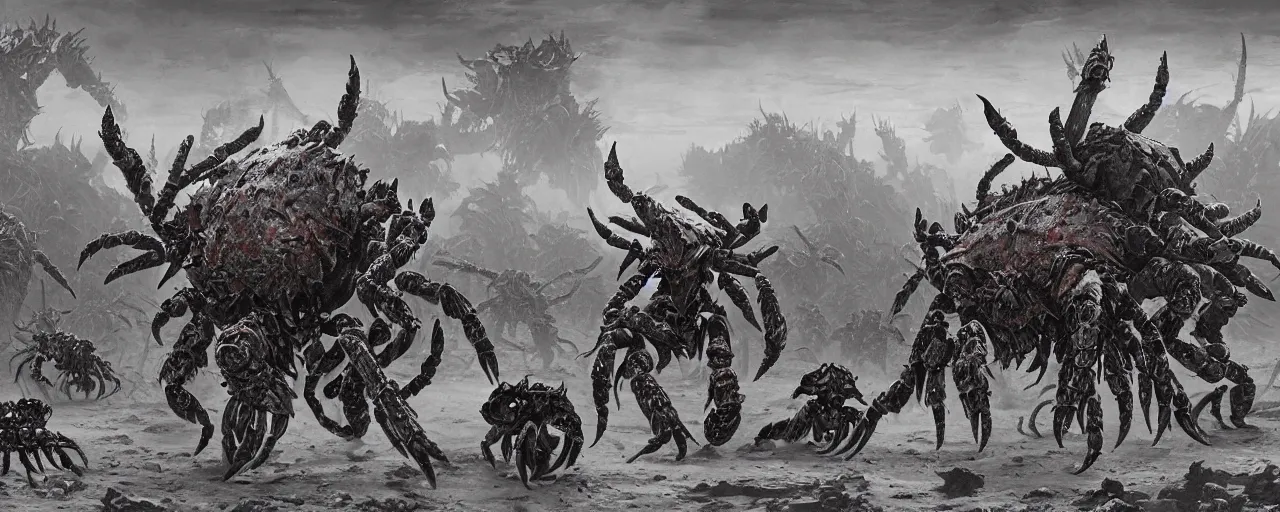 Prompt: a humongous herd of giant monstrous crabs running abound on barren desert exoplanet by James Gurney, Beksinski and Alex Gray, every crab is a menacing sentient chaotic xenos from warhammer 40k hd illustration, diabolic wh40k crab xenos scourge running abound