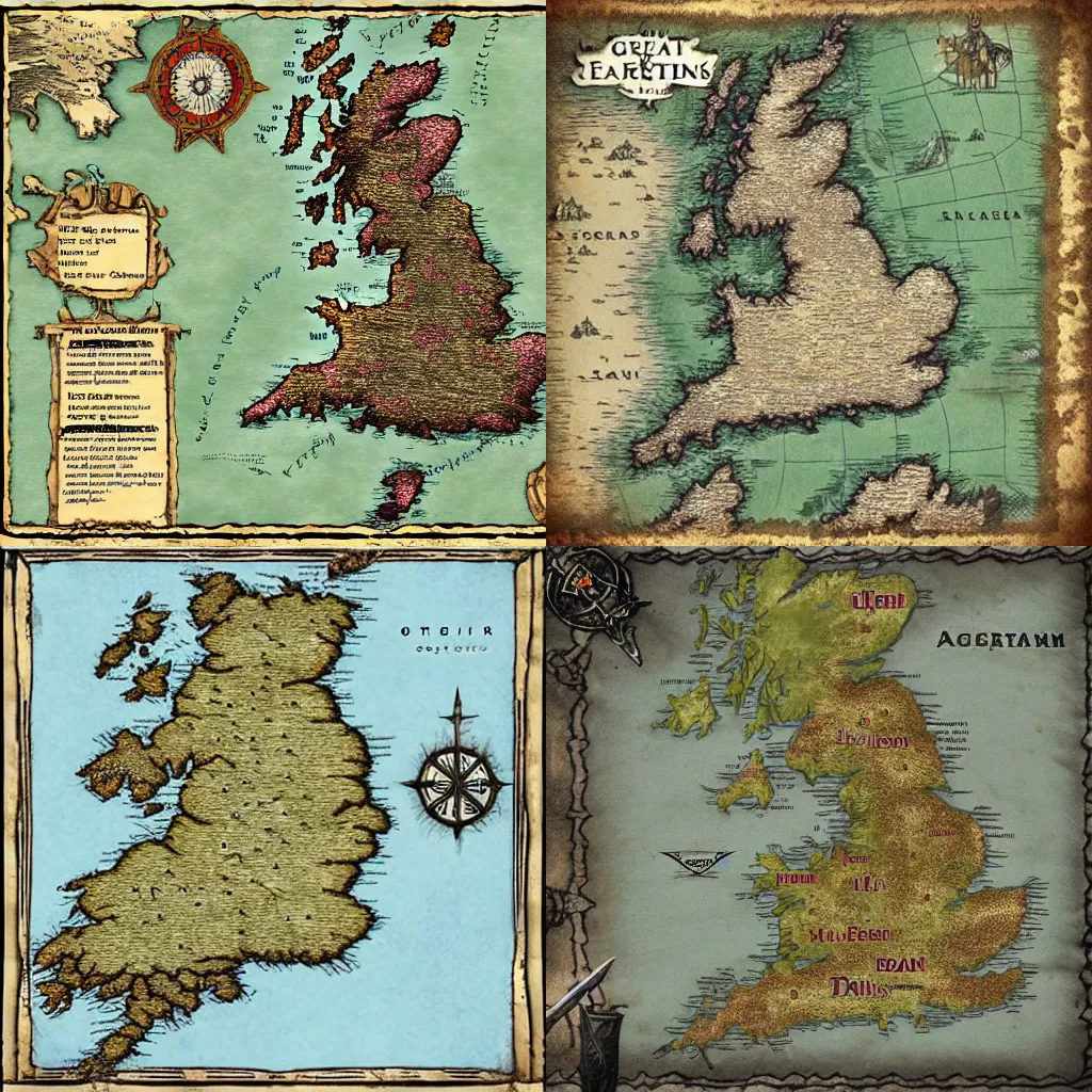 Prompt: map of Great Britain in skyrim style