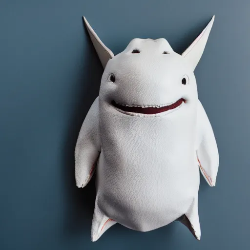 Prompt: vintage analog product photography of a white leather fat shark, stuffed toy, smiling, studio lighting, film grain, lensflare, color bleed, glare