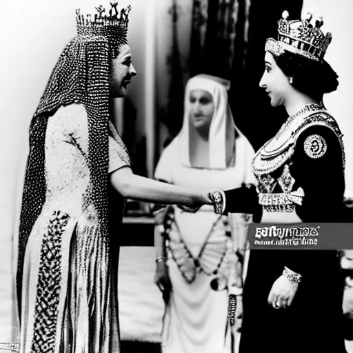 Image similar to detailed black and white photo of queen elizabeth ii meeting cleopatra in egypt