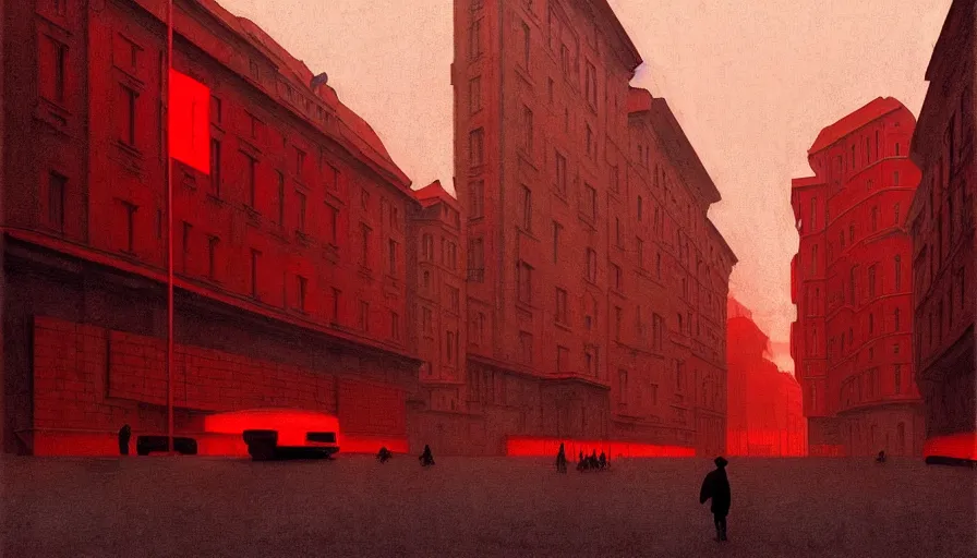 Image similar to only with red, soviet communism city cold atmosphere and with soviet flag, in the style of beksinski, by edward hopper and rodcenko and yue minjun and cory loftis, intricate and epic composition, red by caravaggio, highly detailed, masterpiece, red light, artstation, art nouveau