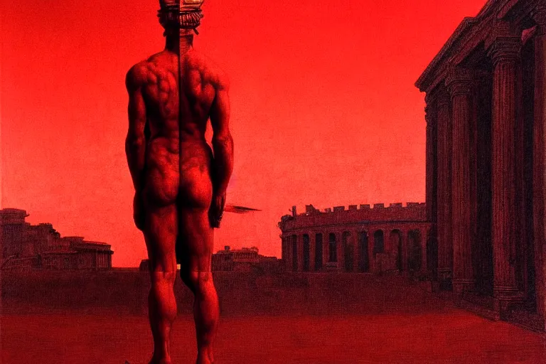 Image similar to only with red, caesar after war, a red tiger, in hoc signo vinces, rome in background, an ancient path, in the style of beksinski, part by hopper, part by rodcenko, part by hofbauer, intricate composition, red by caravaggio, insanely quality, highly detailed, masterpiece, red light, artstation