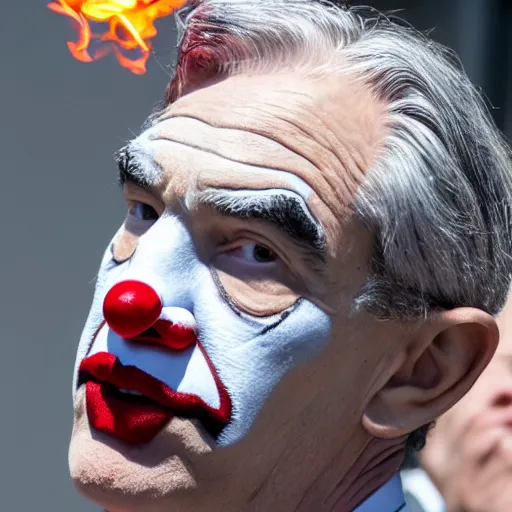 Image similar to detailed photo of Jerome Powell with whiteface clown makeup using a flamethrower