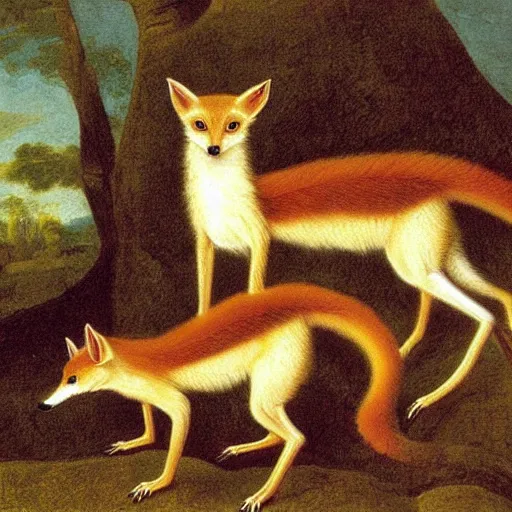 Prompt: group of long necked fox wolf rats wearing clothes, by george stubbs, oil painting