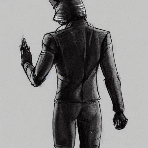 Prompt: cyberpunk cat in suit sketch back view