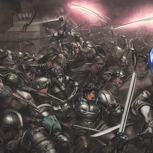 Prompt: one hero with sword vs army of swordsmen in the background, in the middle of an arena, crowd of people, pencil art, straight, clear, added detail, high definiton, colored, backfacing, by yoji shinkawa