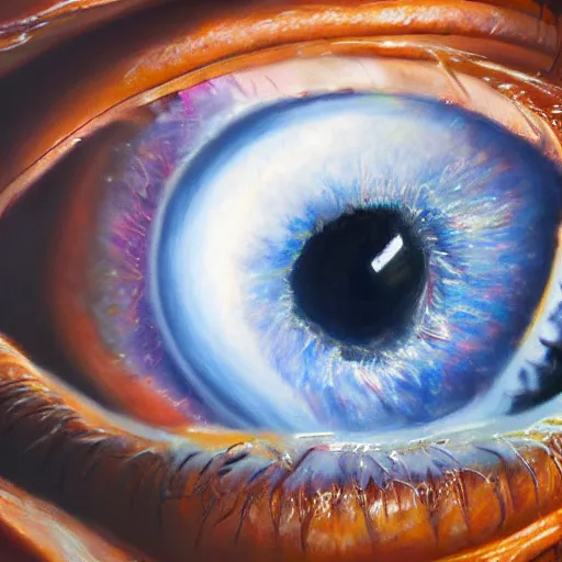 Image similar to a highly detailed photorealistic painting of a human eye reflecting the milky way galaxy