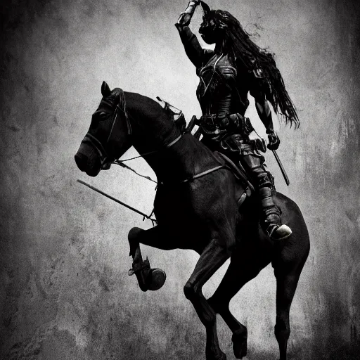 Prompt: death riding a black horse, holding a black flag with a white rose on the flag, rugged, black tactical gear, black and white, noir, futuristic, octane render, cinematic