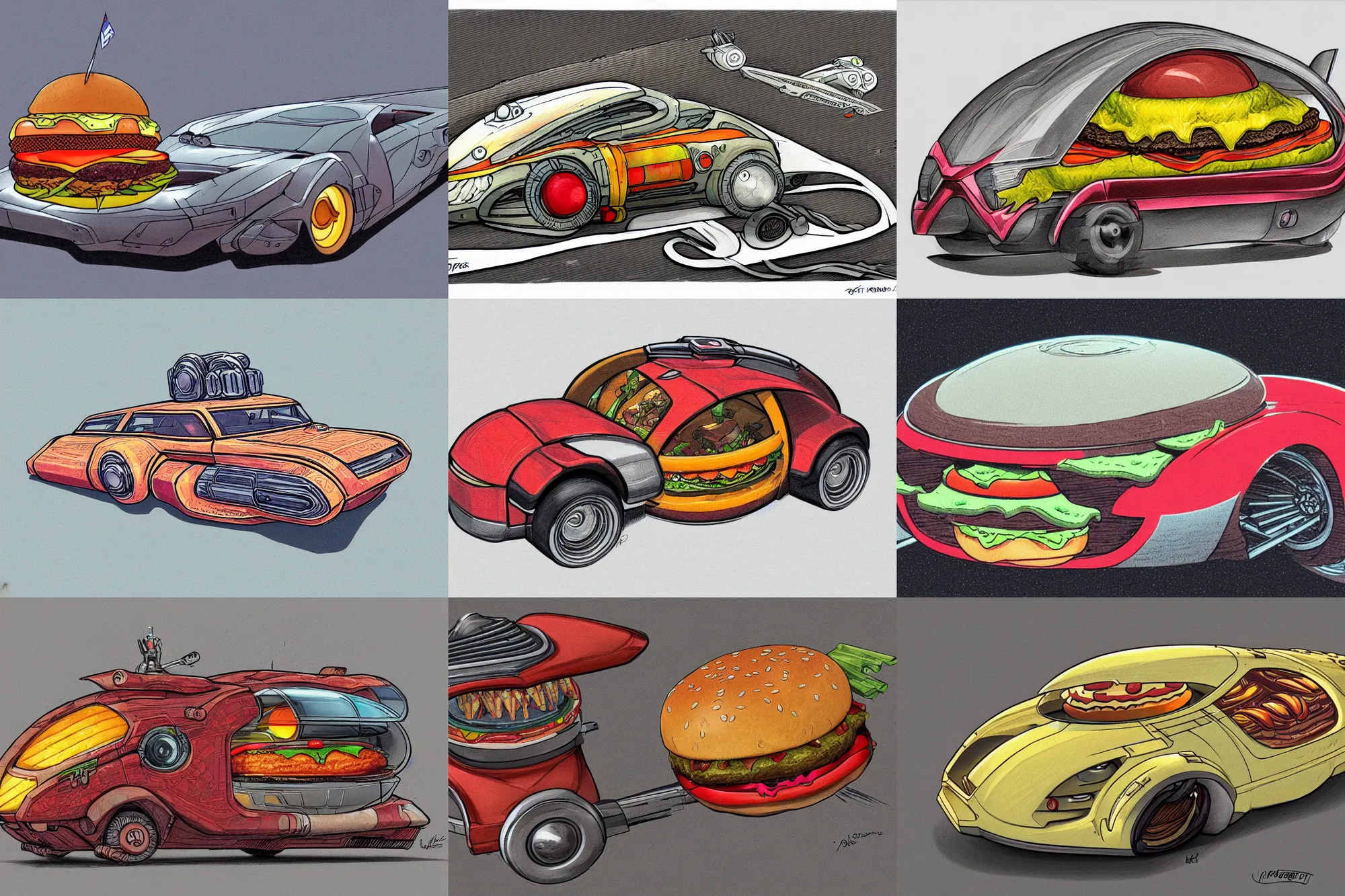 Prompt: a concept art of a retro futurist vehicle in a shape of a burger, illustration, colored pencil, intricate, highly detaile, artstation