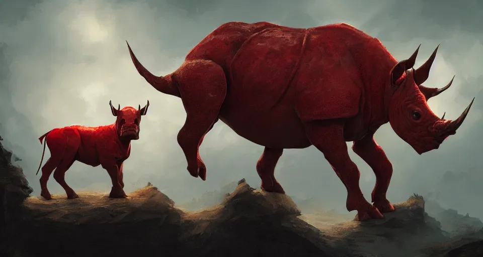 Prompt: a red rhino in the bone kingdom, beautiful, soft lighting, artstation, storybook,