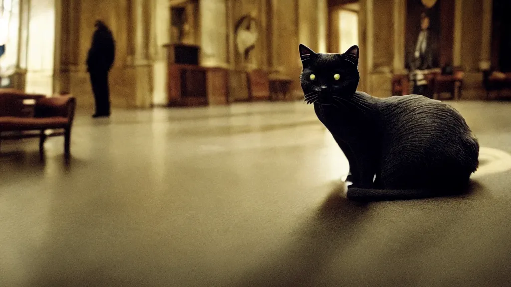 Prompt: the cat creature in city hall, it looks me in the eye film still from the movie directed by denis villeneuve and david cronenberg with art direction by salvador dali, wide lens