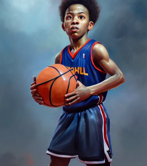 Image similar to portrait of a boy at a basketball court holding a basketball wearing a basketball uniform in a basketball court standing near the basketball hoop, poised, intense emotion, detailed facial expression, detailed surroundings, intricate, elegant, highly detailed, centered, digital painting, artstation, concept art, smooth, sharp focus, illustration, by Peter Mohrbacher, WLOP