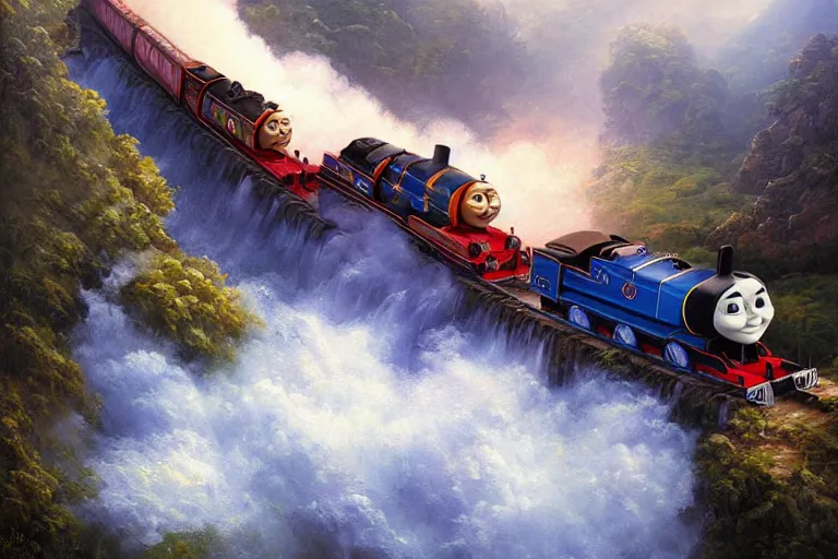 Prompt: thomas the tank engine ramping off a cliff because tracks ended, an oil painting by ross tran and thomas kincade