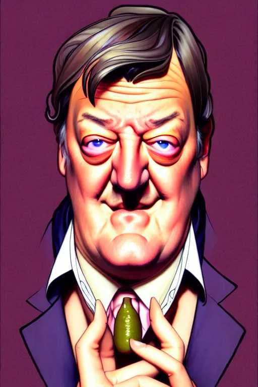 Image similar to stephen fry winking his left eye at the camera, in the style of art by artgerm and greg rutkowski and alphonse mucha