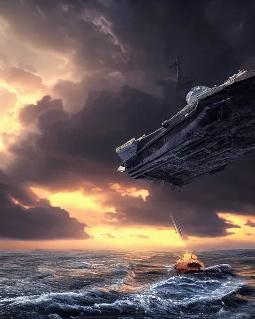 Image similar to scifi action scene of a fishing boat on stormy seas, a gigantic star destroyer spaceship flying overhead, the gigantic star destroyer spaceship is emerging from storm clouds, sunset lighting, stormy weather, dramatic lighting, unreal engine, hyper realism, realistic shading, cinematic composition, realistic render, octane render, detailed textures, photorealistic, ultrawide shot, 1 6 mm lens