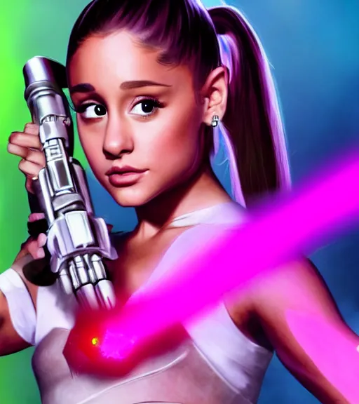 Image similar to A hyper realistic photo of Ariana Grande in the Star Wars universe with two pink lightsabers held in each hand. Maximum detail on artstation, photo realism