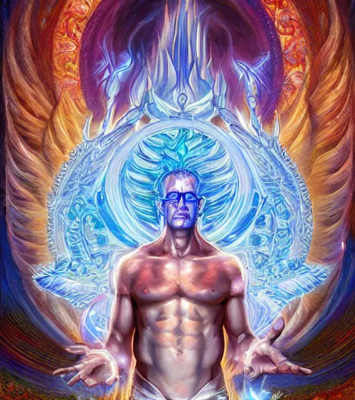 Image similar to symmetry, hank hill wearing a white tshirt, the god of propane, blue fire, art by mike judge, art by josephine wall, art by huang guangjian, art by viktoria gavrilenko, art by amanda sage, dramatic lighting, trending on artstation