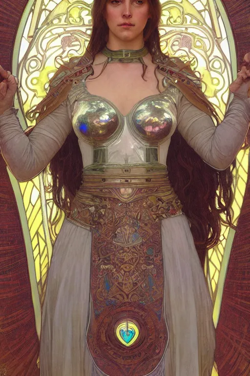 Image similar to a young woman wearing iridescent art nouveau armor symmetrical portrait, character concept art, art nouveau oilpainting, trending in artstation, cgsociety, by Donato Giancola, Alphonse Mucha, Artgerm and William Bouguereau