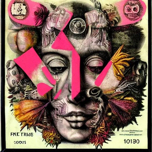 Image similar to post - punk new age album cover, asymmetrical design, frame of a dollar bank notes, capitalism, magic, apocalypse, psychedelic, black white pink, magic, giger h. r., giuseppe arcimboldo