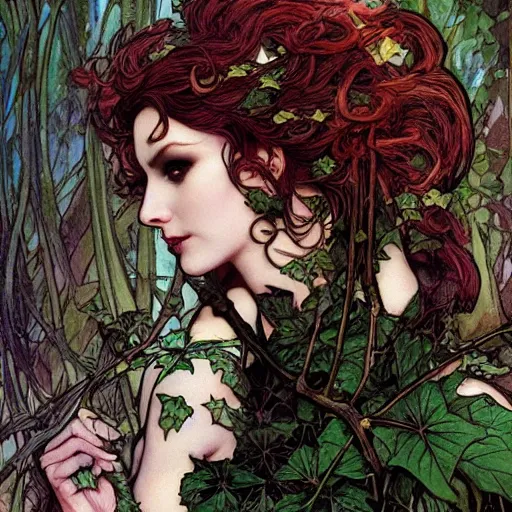 Prompt: a beautiful and detailed magic the gathering card of a seductive poison ivy as an elf druid, dark eyeliner, intricate, elegant, highly detailed, digital painting, artstation, concept art, matte, sharp focus, illustration, art by rebecca guay and by arthur rackham and by alphonse mucha and by john william waterhouse
