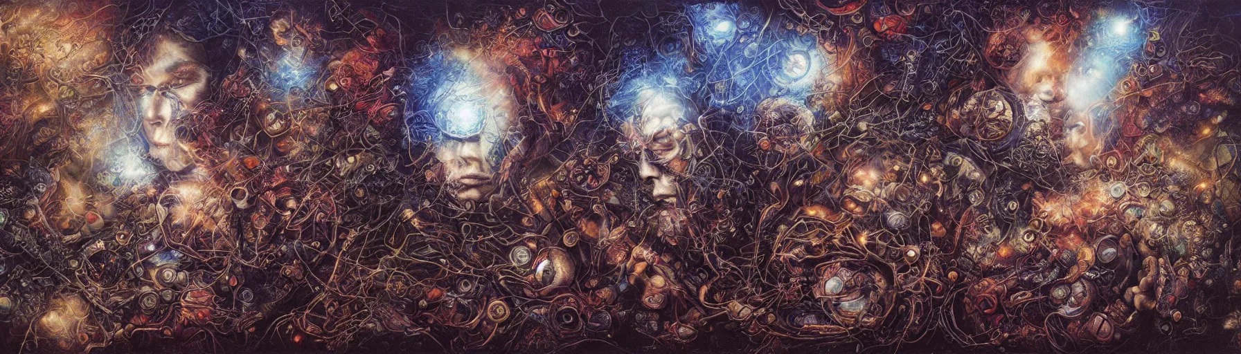 Image similar to dense web of neurons firing, psychedelic lights and fog, guns n roses imagery, zdzislaw, ayami kojima, yamamoto, barclay shaw, karol bak, hyperrealist, 8 k, steampunk