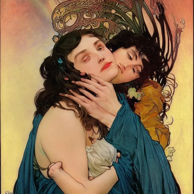 Image similar to an aesthetic! detailed portrait of an aesthetic woman crying mournfully while cradling a child, by frank frazetta and alphonse mucha, oil on canvas, bright colors, art nouveau, epic composition, dungeons and dragons fantasy art, hd, god - rays, ray - tracing, crisp contour - lines, huhd - 8 k