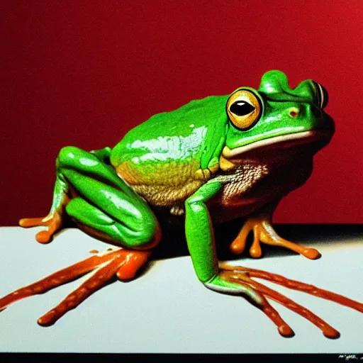 Image similar to Alex Jones with frog legs, photorealistic painting