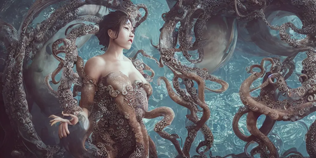 Image similar to hyperrealism, art nouveau, detailed textures, photorealistic 3 d art nouveau octopus japanese pearl queen superheroes in a apocalyptic galaxy, japanese old style print, ultra realistic, cinematic, intricate, cinematic light, unreal engine 8 k, octane render, unreal engine, 8 k, octane render, unreal engine
