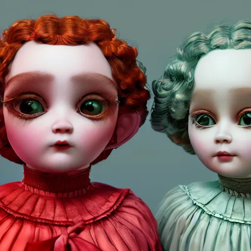 Image similar to a 3d rendered animated movie poster about eerily beautiful old porcelain dolls, rendered in renderman, color grade green red, dramatic lighting, fine details, by Carlos Ortega Elizalde