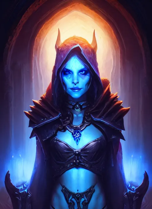 Image similar to portrait of sylvanas windrunner, catacombs, altar of the dead, souls of the dead, intricate, elegant, glowing blue lights, highly detailed, digital painting, artstation, concept art, smooth, sharp focus, illustration, art by wlop, mars ravelo and greg rutkowski