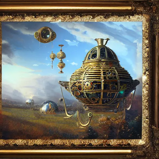 Prompt: painting of artlilery spaceship with ornate metal work lands in country landscape, filigree ornaments, volumetric lights, norm rockwell, micheal whelan