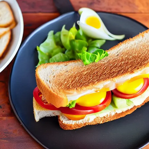 Image similar to sandwich with fried tofu, also tomato, onion, avocado and cheddar, over a dish and over a table, sunset background with saturn and stars in the sky, amazing light