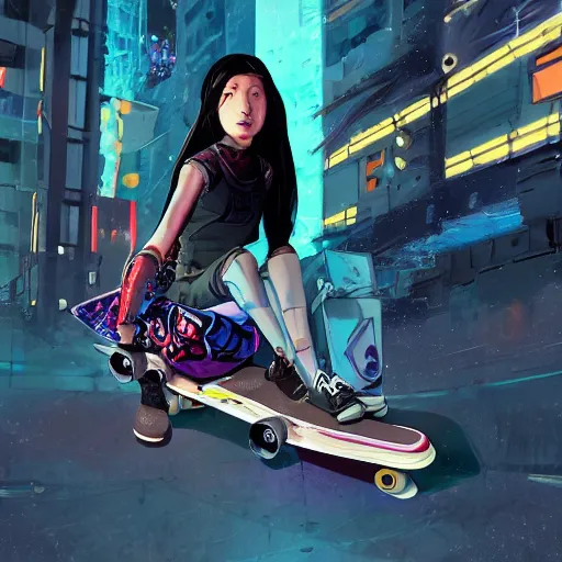 Prompt: symmetrical, full body portrait of a cyberpunk teenage girl on a futuristic skateboard holding a parcel under one arm and a magnetic harpoon in her opposite hand, grinning slyly, City lighting, depth of field, photography, saturated colors, highly detailed, by Dustin Nguyen, Akihiko Yoshida, Greg Tocchini, Greg Rutkowski, Cliff Chiang, 4k resolution