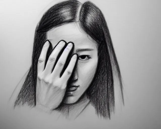 Prompt: a drawing of a woman covering her face with her hands, a sketch by choro choi, thick stroke, trending on artstation, context art, pencil sketch, high detail, kinetic