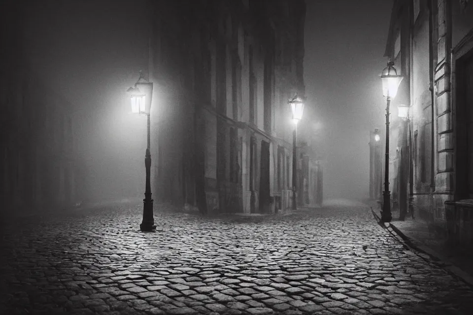 Prompt: wet plate photograph, empty night along cobblestone street in vienna, night time, alone, lamplight, victorian era, depth of field, very detailed, fog, highly accurate, intricate