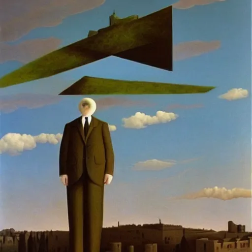 Prompt: a cat flying over jerusalem sky's, painted by magritte