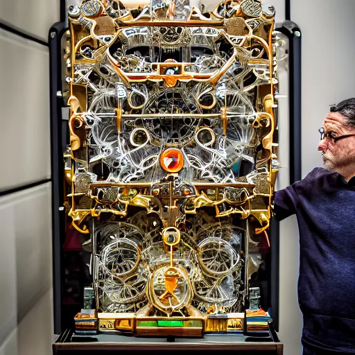 Image similar to a random pointlessly elaborate intricate contraption pneumatic machine with no apparent purpose, being operated by a scholarly looking man with a clear directed gaze, xf iq 4, f / 5. 4, iso 2 0 0, 1 / 1 6 0 s, 8 k, raw, unedited, symmetrical balance, in - frame