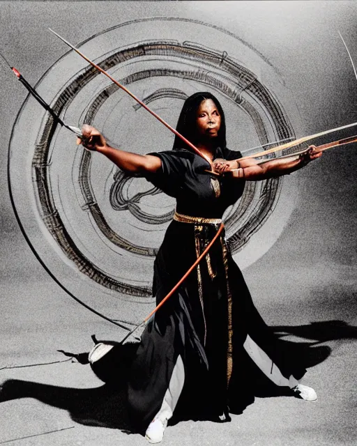 Prompt: the image is a lost hollywood film still 1 9 9 0 s photograph of a guardian priestess black woman with dark brown skin, long, swirling black hair, and jade colored eyes, practicing archery. vibrant cinematography, anamorphic lenses, crisp, detailed image in 4 k resolution.