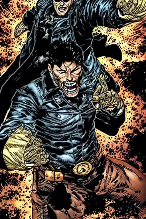 Image similar to A full body portrait of Jensen Ackles as a new antihero character with an angry face art by Marc Silvestri and Jim Lee, detailed, mysterious