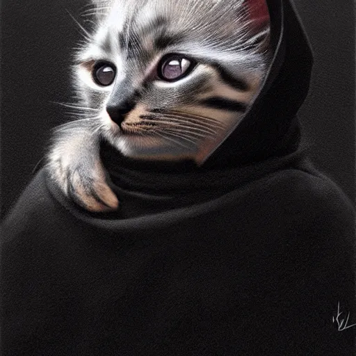 Image similar to a portrait of a kitten wearing a black hood, cloak covering face, anatomically correct, beautiful perfect face, enigmatic, oil painting, matte, black background, Volumetric dynamic lighting, Highly Detailed, Cinematic Lighting, Unreal Engine, 8k, HD, by Beksinski