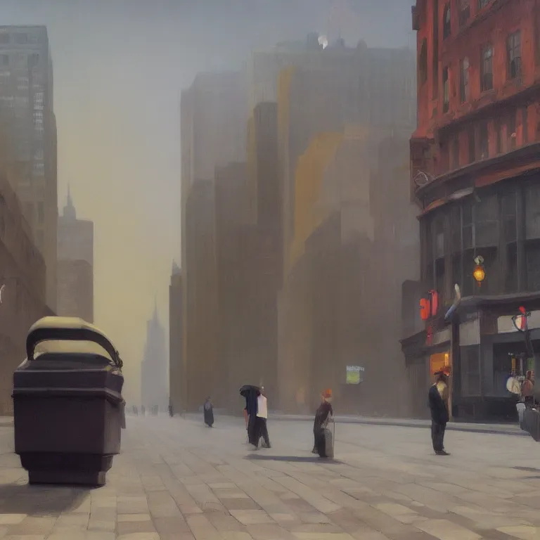 Image similar to streets filled with trash, city fog, early morning, , painted by Edward Hopper, painted by Wayne Barlow, airbrush