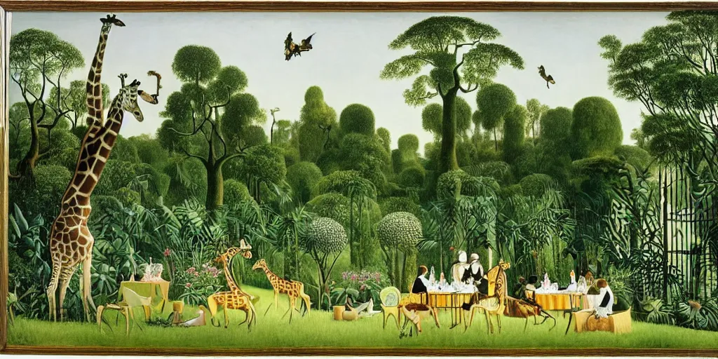 Prompt: elegant victorian tea party with giraffes in an english summer garden patio, hyper realistic henri rousseau - h 7 6 8