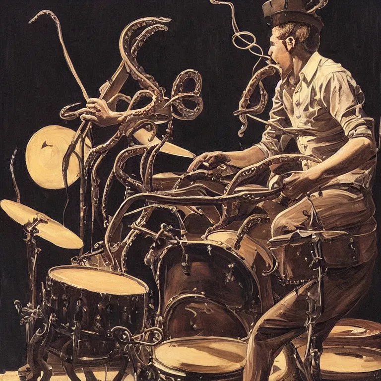 Image similar to a beautiful painting by joseph christian leyendecker of an octopus playing drums and telecaster guitar in a rock concert, dark background, concert light, dark mood, cold lighting