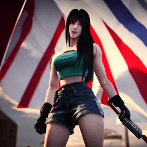 Image similar to Tifa Lockhart from Final Fantasy VII Remake (2020) laughing with the Italian flag in the background