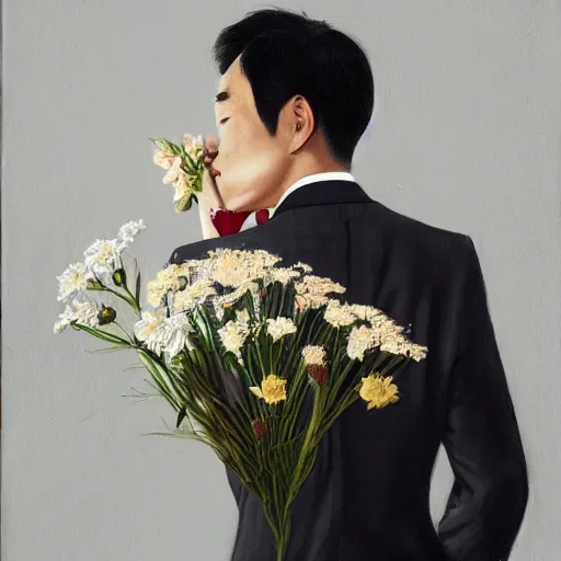 Image similar to guy holding flowers, looking nostalgic, in love, in a dapper suit, artwork by Cheng, Hsiao-Ron