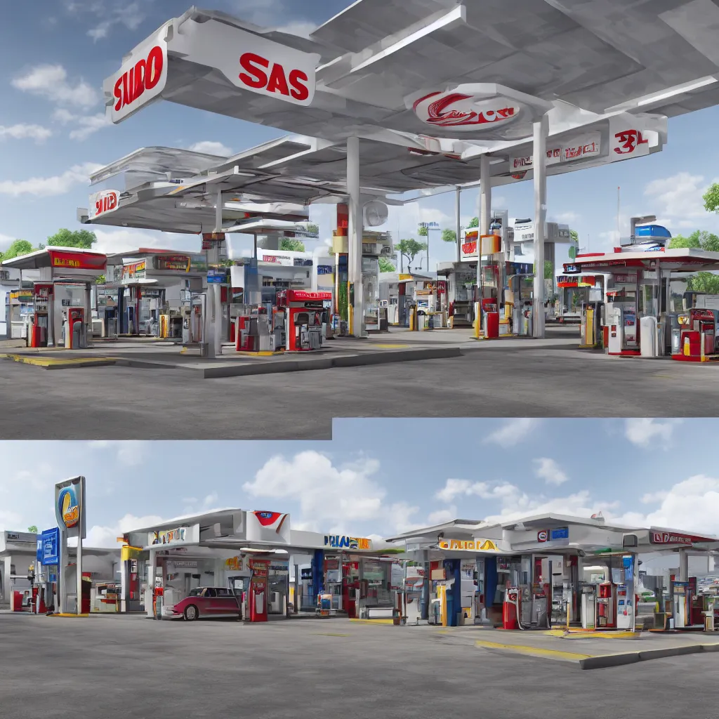 Image similar to hyper realistic 3 d rendering of studio shot of gas station isolated on white background, hd, hdr, ultra detailed, high resolution